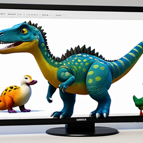 **

A team of character designers in a bright, modern animation studio, brainstorming ideas for new dinosaur characters. Mood boards with animal photos (cats, ducks) are visible. Sketches and 3D models of colorful, friendly-looking dinosaurs with unique features (unusual patterns, hairstyles) are scattered around. The style should be vibrant and playful, reflecting the show's aesthetic. Include the words "Go-go Dino" subtly in the background on a monitor screen. safe for work, appropriate content, fully clothed, professional, perfect anatomy, natural proportions.

**