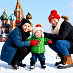 **

"A cheerful young Russian family, fully clothed in traditional winter clothing (ushanka hats, valenki boots, warm scarves), building a snowman in a snowy park in Moscow, St. Basil's Cathedral visible in the background, bright daylight, safe for work, appropriate content, family-friendly, perfect anatomy, natural proportions, professional photography, high quality, winter scene."

**