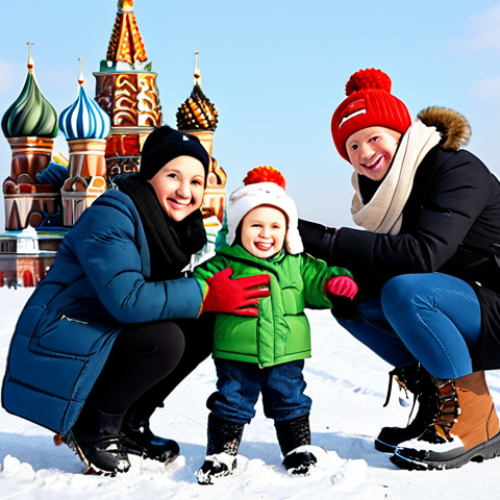 **

"A cheerful young Russian family, fully clothed in traditional winter clothing (ushanka hats, valenki boots, warm scarves), building a snowman in a snowy park in Moscow, St. Basil's Cathedral visible in the background, bright daylight, safe for work, appropriate content, family-friendly, perfect anatomy, natural proportions, professional photography, high quality, winter scene."

**