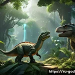 Home 21 고고다이노 모바일 게임 출시 여부 - A highly detailed prehistoric jungle scene from "GoGoDino," featuring lush, vibrant foliage with tow...
