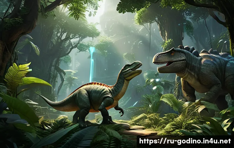 고고다이노 모바일 게임 출시 여부 - A highly detailed prehistoric jungle scene from "GoGoDino," featuring lush, vibrant foliage with tow...