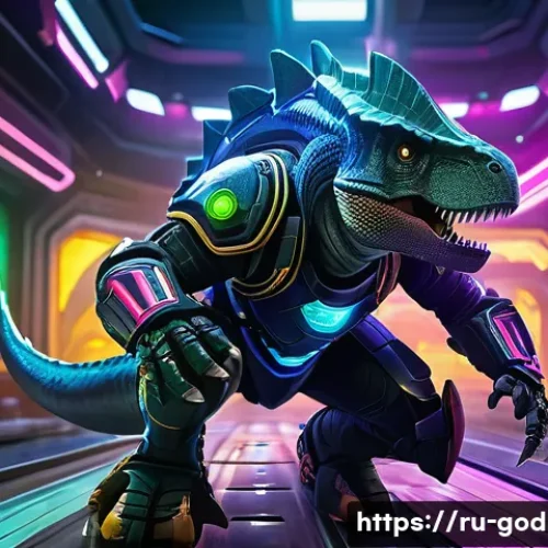 Home 32 고고다이노 캐릭터별 액션 장면 분석 - A dynamic scene featuring a swift and agile dinosaur warrior clad in futuristic battle armor and sle...