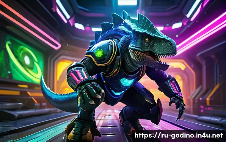 고고다이노 캐릭터별 액션 장면 분석 - A dynamic scene featuring a swift and agile dinosaur warrior clad in futuristic battle armor and sle...