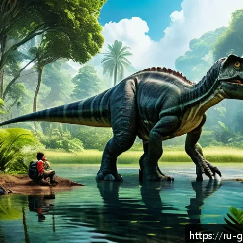 Home 30 고고다이노 주요 에피소드 줄거리 - A highly detailed, realistic scene of a lush prehistoric forest with diverse dinosaur species intera...