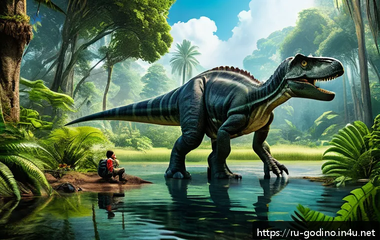 고고다이노 주요 에피소드 줄거리 - A highly detailed, realistic scene of a lush prehistoric forest with diverse dinosaur species intera...