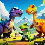 Home 23 고고다이노의 넷플릭스 공개 현황 - A colorful and vibrant scene featuring a group of friendly cartoon dinosaurs from the GoGoDino serie...