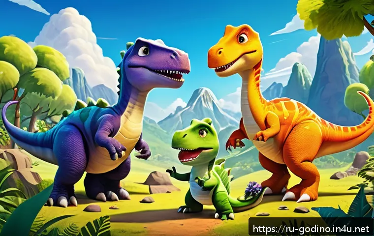 고고다이노의 넷플릭스 공개 현황 - A colorful and vibrant scene featuring a group of friendly cartoon dinosaurs from the GoGoDino serie...
