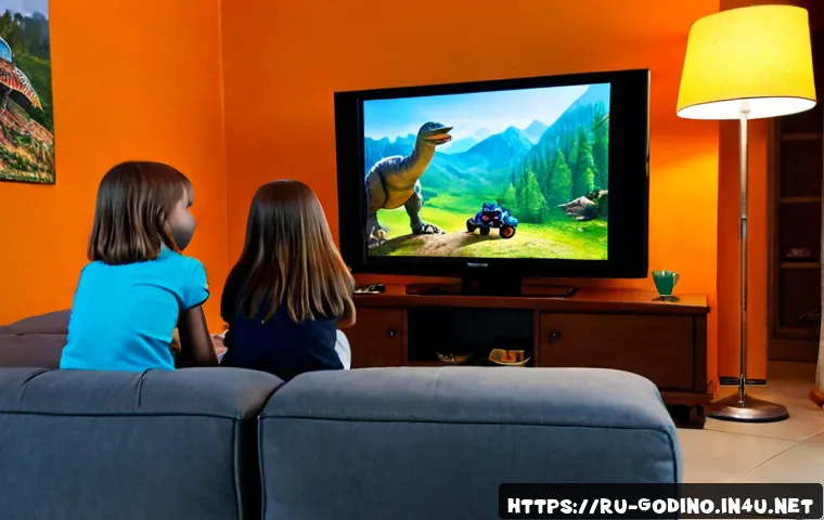 Home 17 고고다이노 초반 에피소드 리뷰 - Photorealistic cozy Moscow apartment living room, Russian parent and two school-age children watchin...